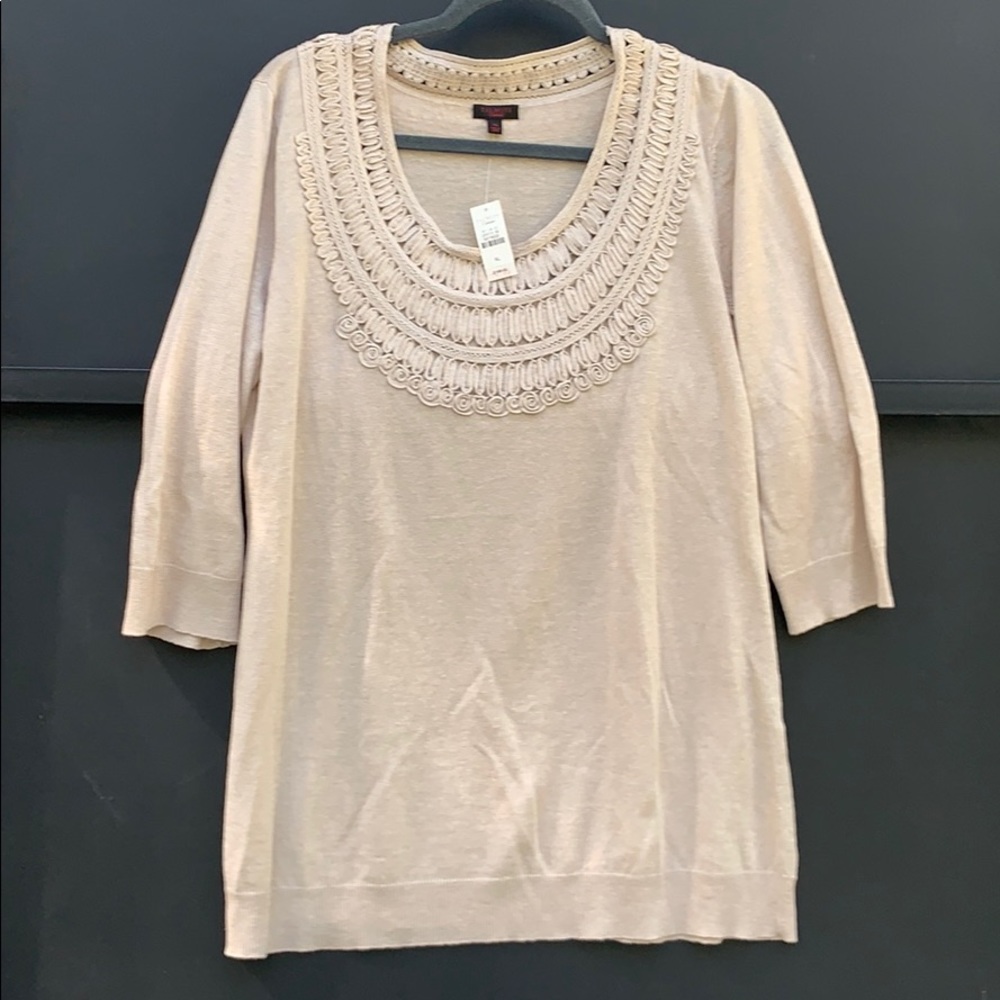 Talbots collection beige, tan blouse.